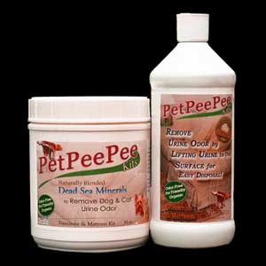 PetPeePee product for hard floor hundred percent organic odor free blended minerals from the Dead Sea